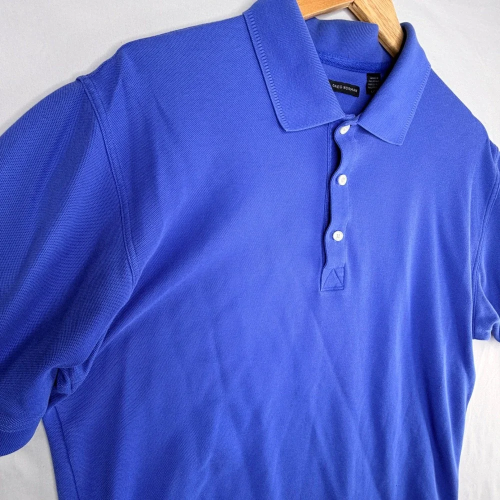Greg Norman Play Dry Mens Blue Pique Golf Polo Shirt Size Large Short Sleeve